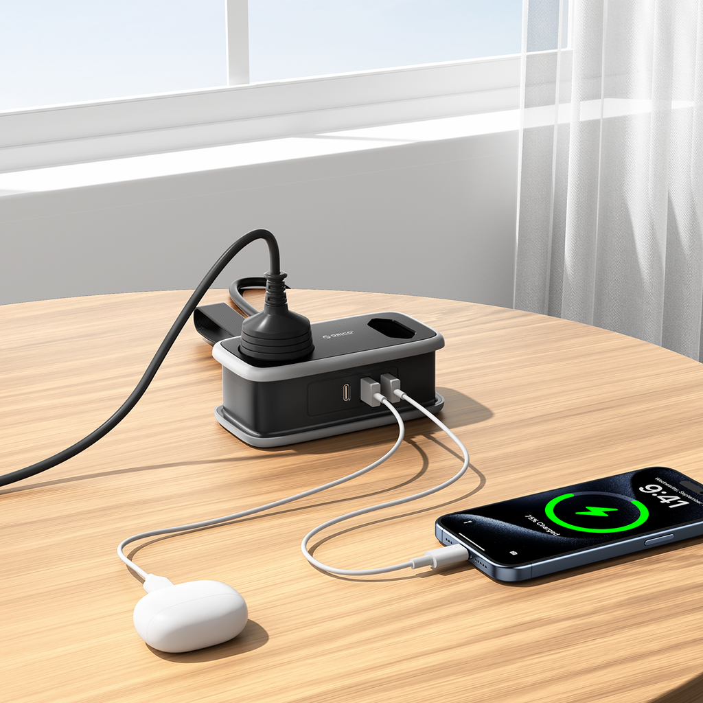 Orico APP 15,5W 5in1 maitinimo šakotuvė 2x AC + 2x USB-A + 1x USB-C - juoda -- Cell phone cables