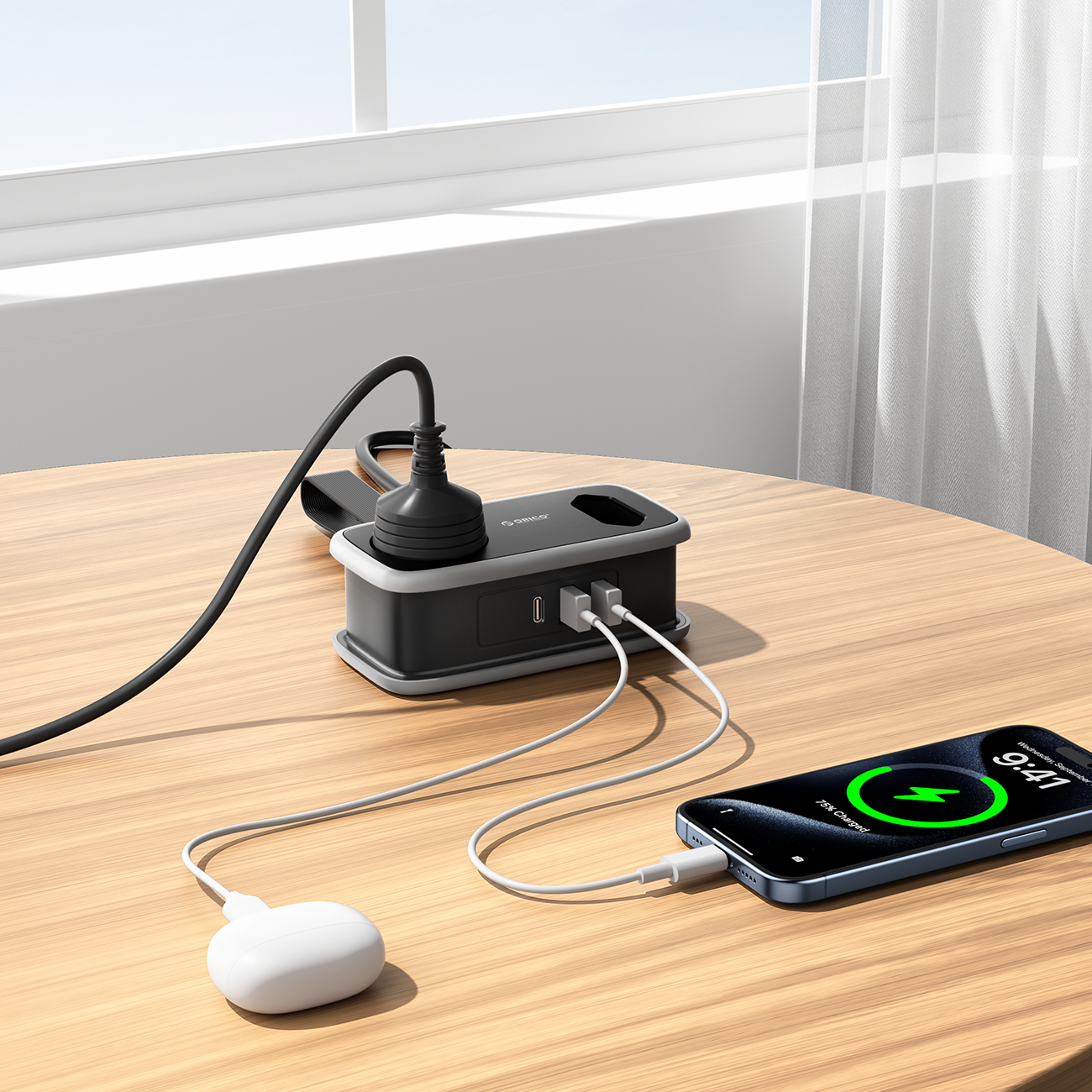 Orico APP 15,5W 5in1 maitinimo šakotuvė 2x AC + 2x USB-A + 1x USB-C - juoda -- Cell phone cables