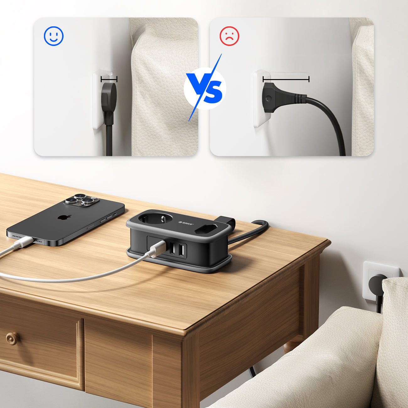 Orico APP 15,5W 5in1 maitinimo šakotuvė 2x AC + 2x USB-A + 1x USB-C - juoda -- Cell phone cables