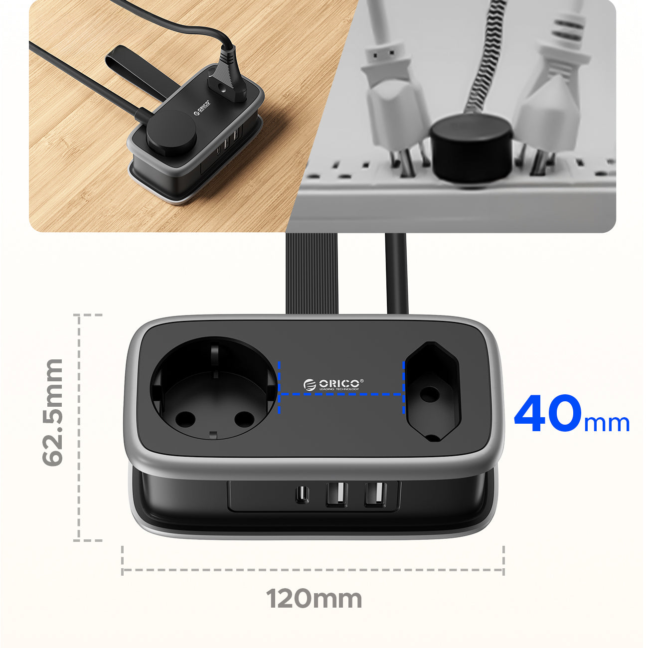 Orico APP 15,5W 5in1 maitinimo šakotuvė 2x AC + 2x USB-A + 1x USB-C - juoda -- Cell phone cables