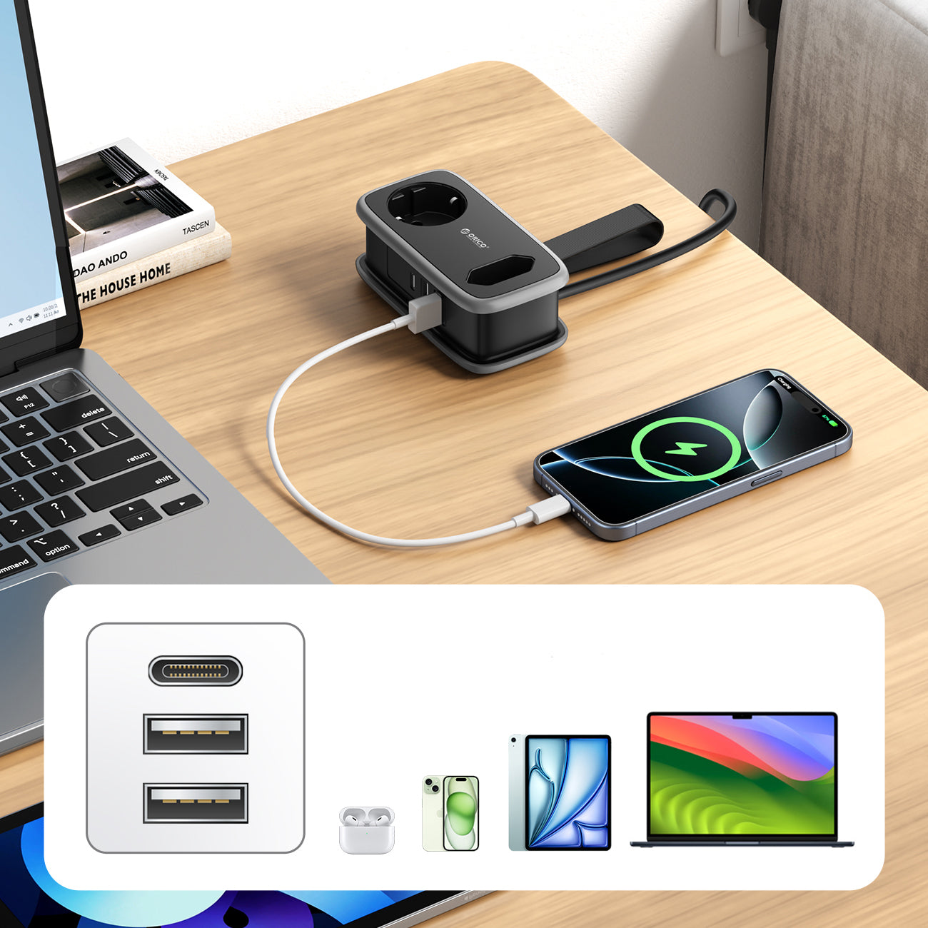 Orico APP 15,5W 5in1 maitinimo šakotuvė 2x AC + 2x USB-A + 1x USB-C - juoda -- Cell phone cables