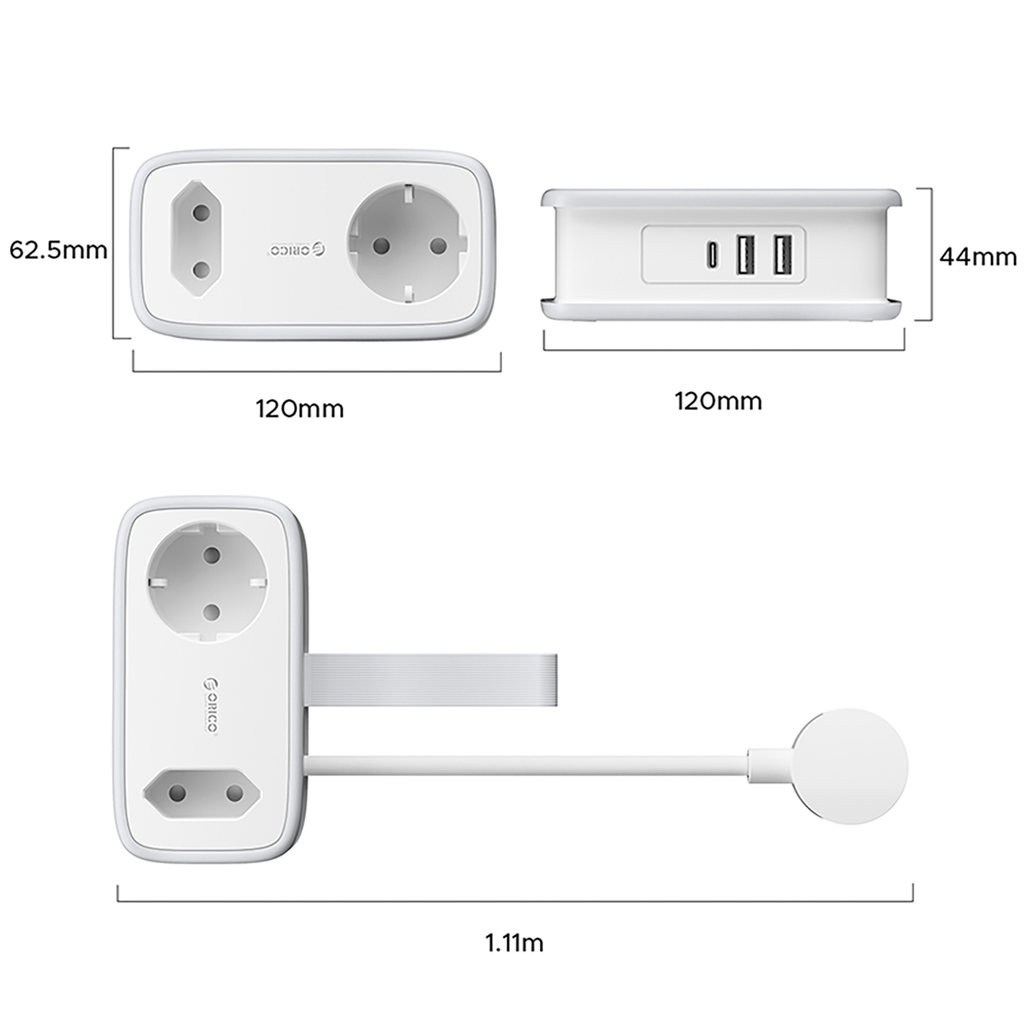 Orico APP 15,5W 5in1 maitinimo šakotuvė 2x AC + 2x USB-A + 1x USB-C - balta -- Cell phone cables