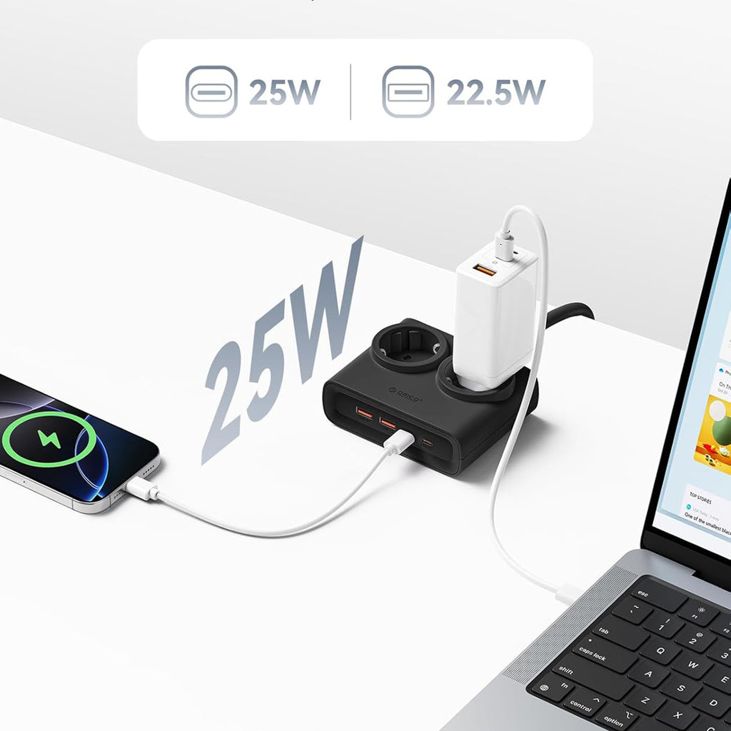 Orico PDC25 25W 6in1 prailgintuvas 2x AC + 2x USB-A + 2x USB-C - juodas -- Cell phone cables