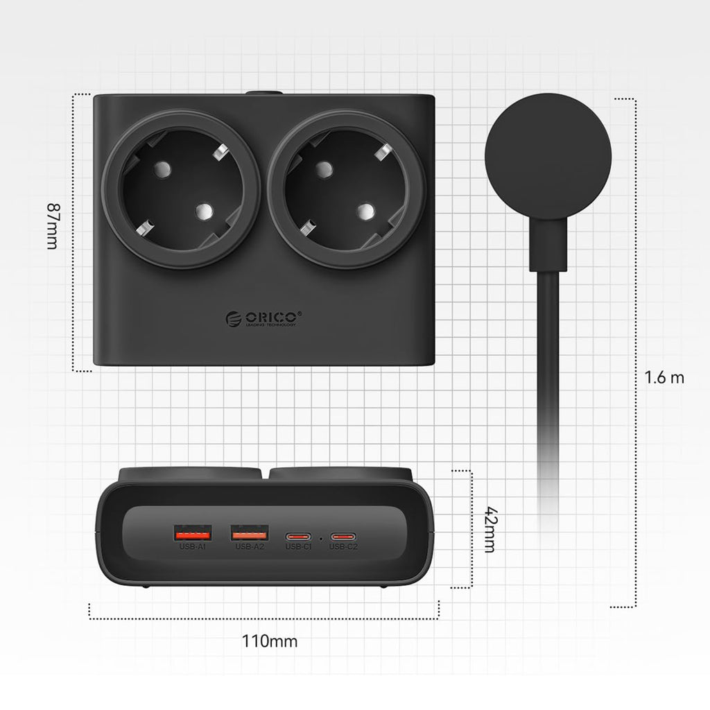Orico PDC25 25W 6in1 prailgintuvas 2x AC + 2x USB-A + 2x USB-C - juodas -- Cell phone cables