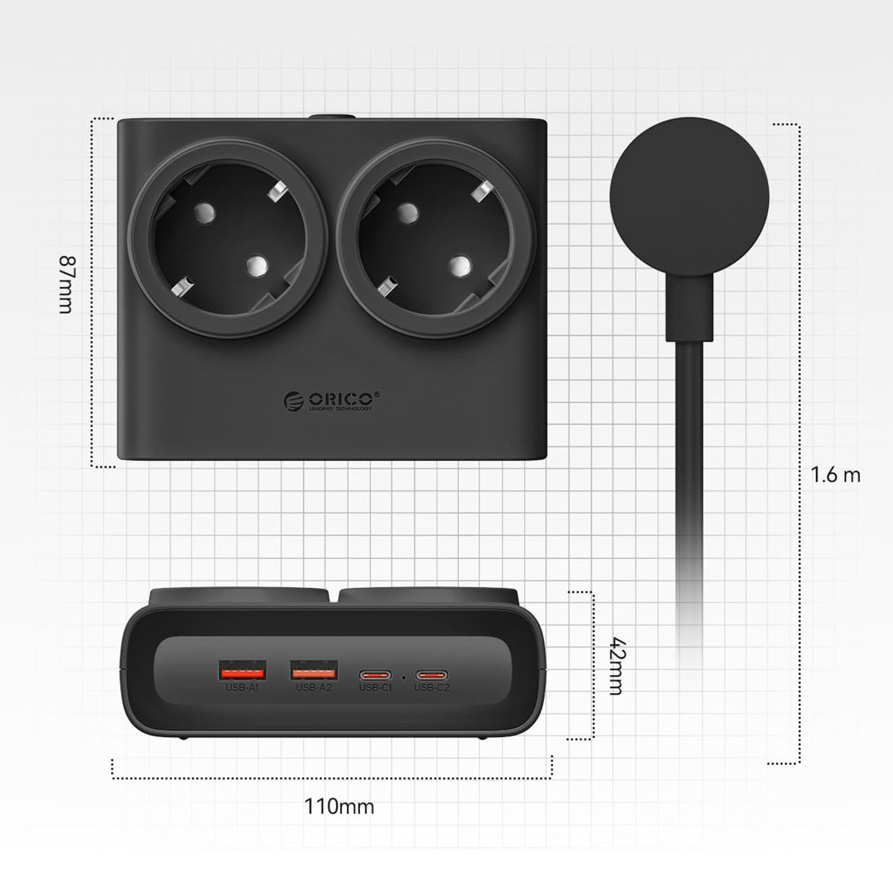 Orico PDC25 25W 6in1 prailgintuvas 2x AC + 2x USB-A + 2x USB-C - juodas -- Cell phone cables