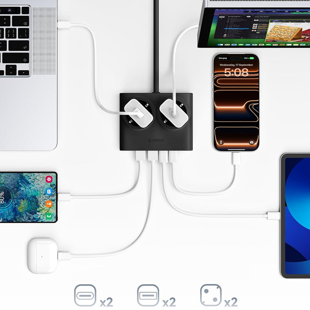 Orico PDC25 25W 6in1 prailgintuvas 2x AC + 2x USB-A + 2x USB-C - juodas -- Cell phone cables