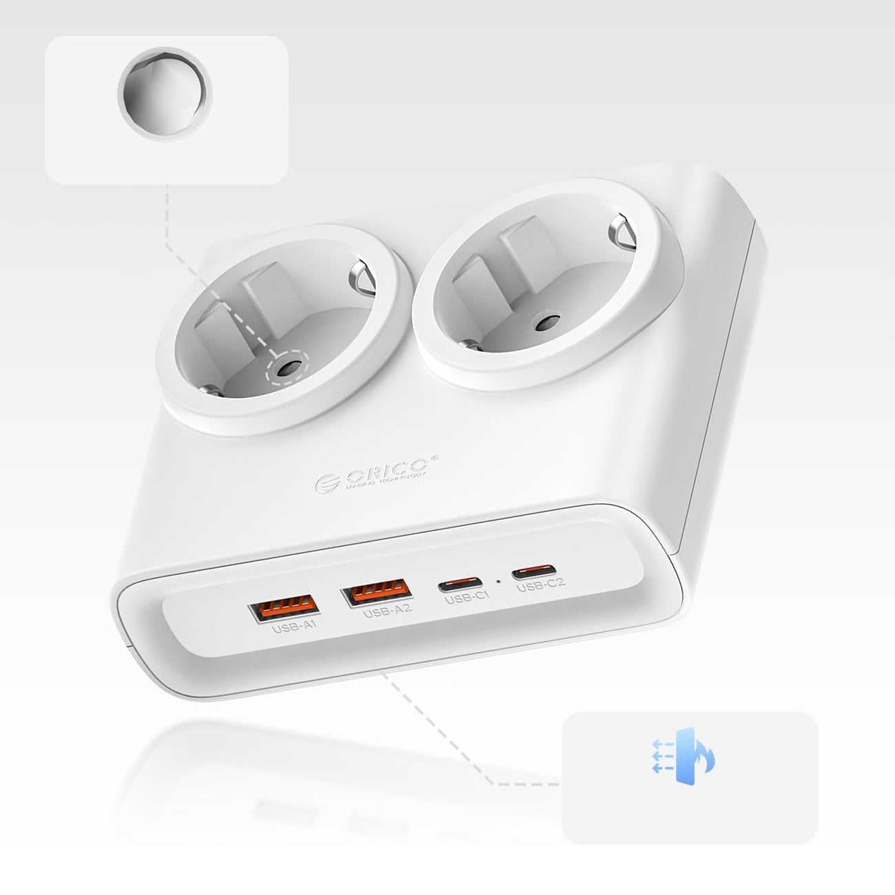 Orico PDC25 25W 6in1 prailgintuvas 2x AC + 2x USB-A + 2x USB-C - baltas -- Cell phone cables