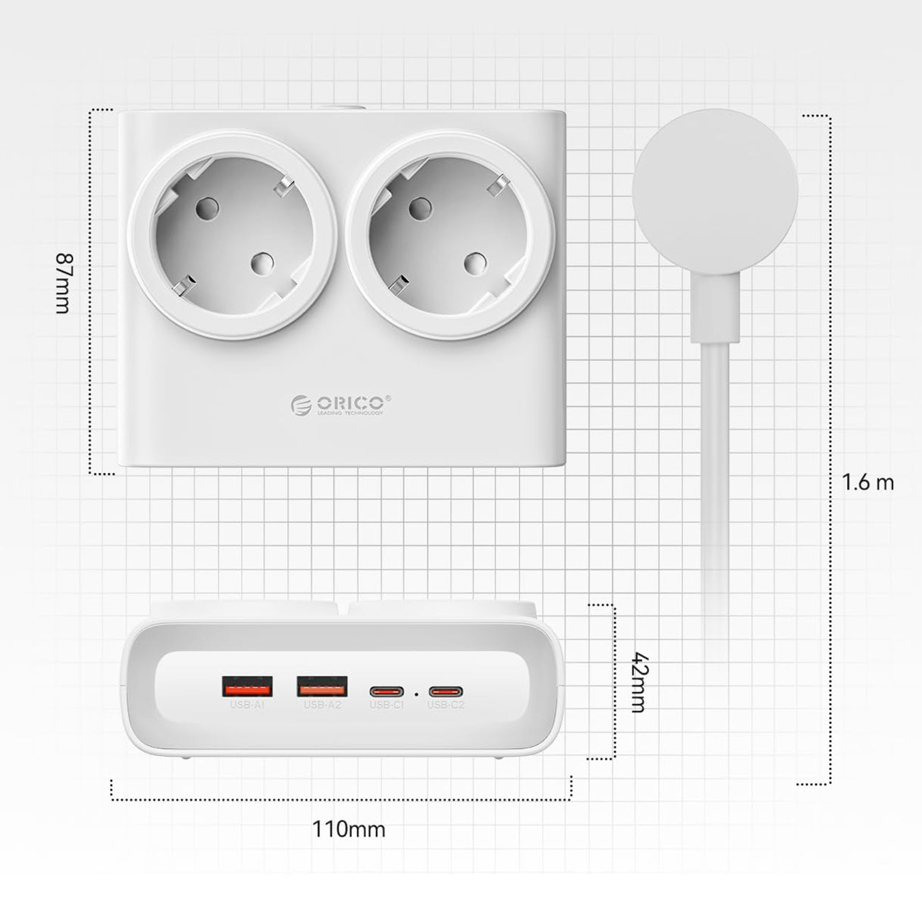 Orico PDC25 25W 6in1 prailgintuvas 2x AC + 2x USB-A + 2x USB-C - baltas -- Cell phone cables