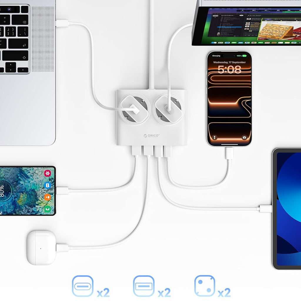 Orico PDC25 25W 6in1 prailgintuvas 2x AC + 2x USB-A + 2x USB-C - baltas -- Cell phone cables