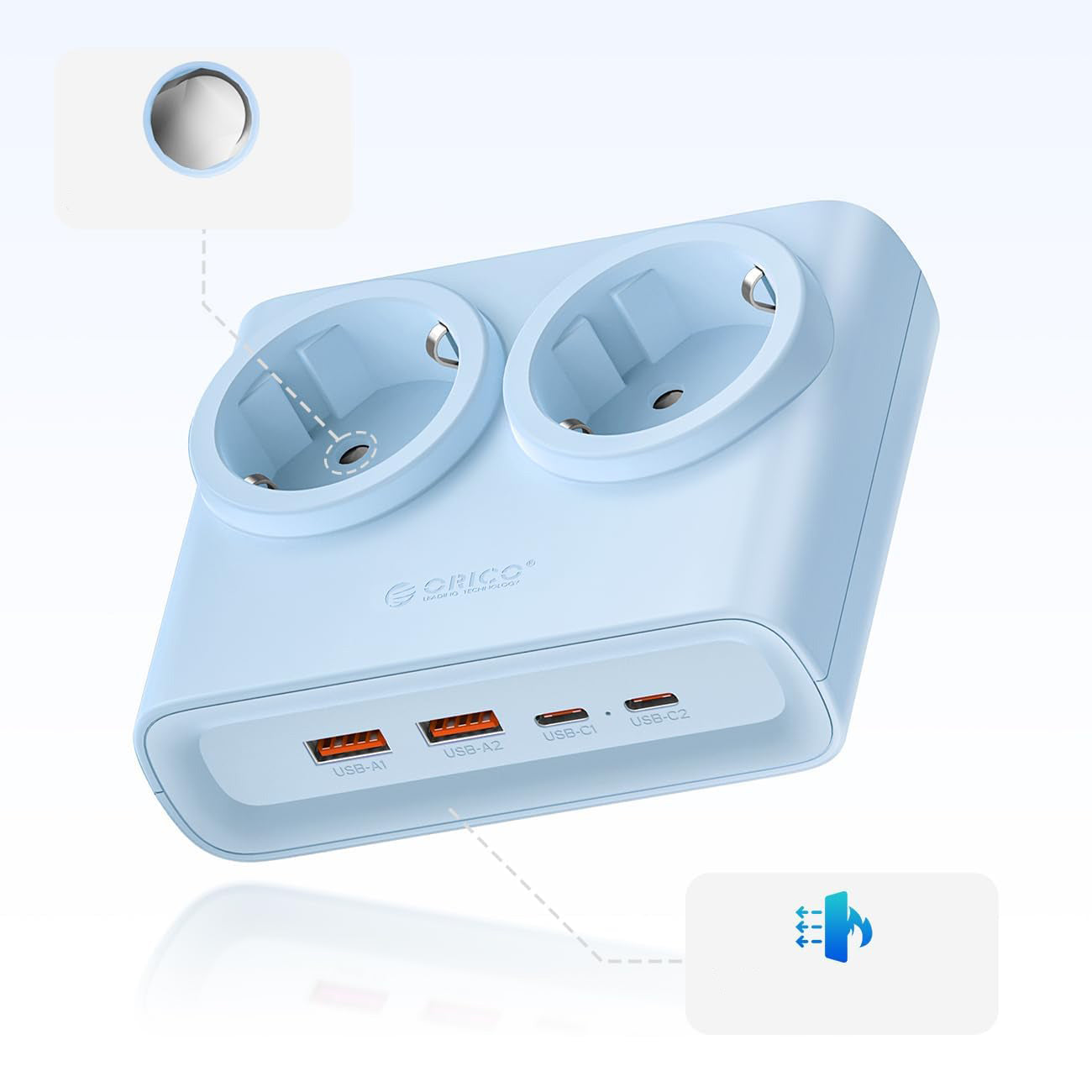 Orico PDC25 25W 6in1 prailgintuvas 2x AC + 2x USB-A + 2x USB-C - mėlynas -- Cell phone cables
