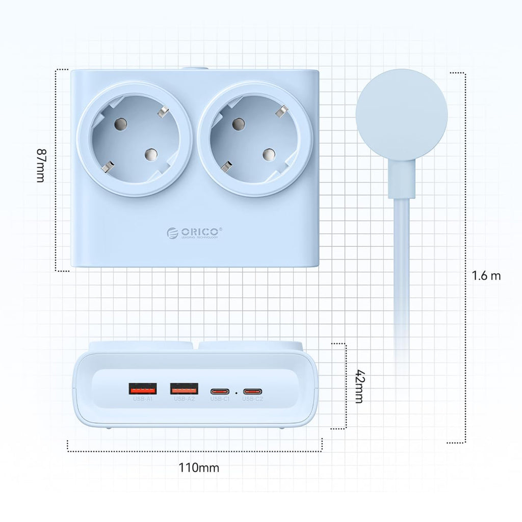 Orico PDC25 25W 6in1 prailgintuvas 2x AC + 2x USB-A + 2x USB-C - mėlynas -- Cell phone cables