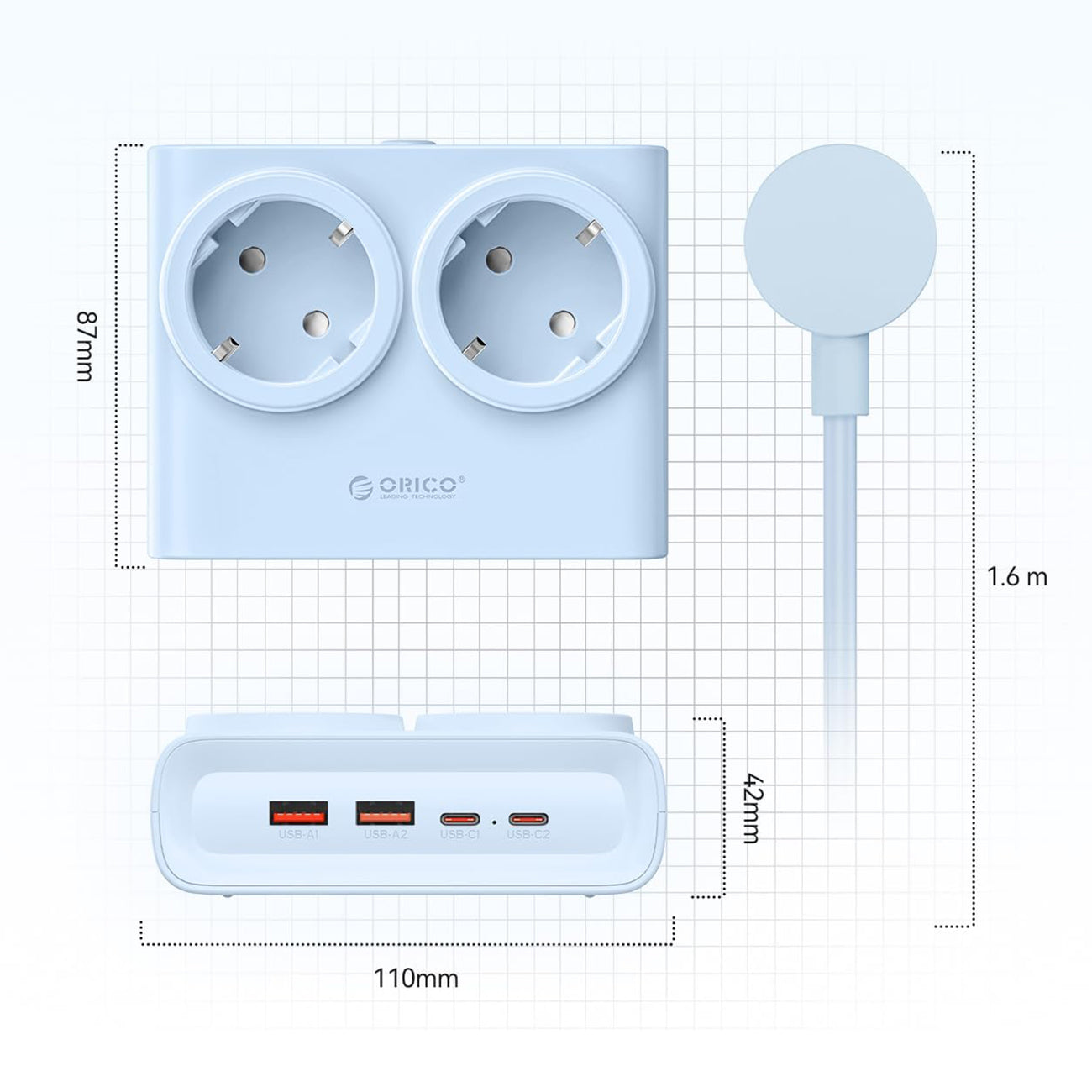 Orico PDC25 25W 6in1 prailgintuvas 2x AC + 2x USB-A + 2x USB-C - mėlynas -- Cell phone cables