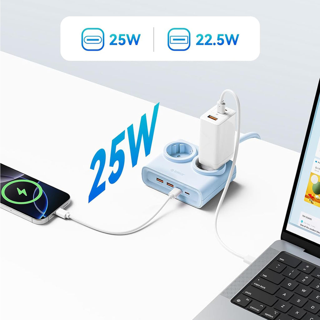 Orico PDC25 25W 6in1 prailgintuvas 2x AC + 2x USB-A + 2x USB-C - mėlynas -- Cell phone cables