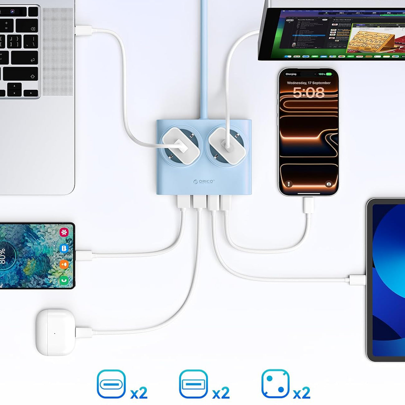 Orico PDC25 25W 6in1 prailgintuvas 2x AC + 2x USB-A + 2x USB-C - mėlynas -- Cell phone cables