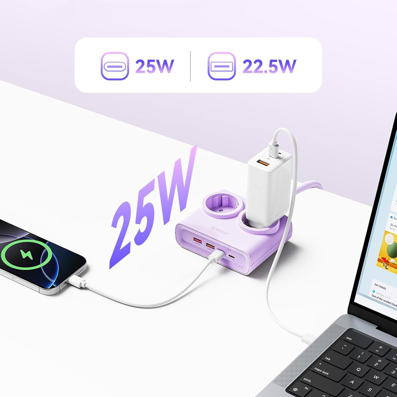 Orico PDC25 25W 6in1 prailgintuvas 2x AC + 2x USB-A + 2x USB-C - violetinis -- Cell phone cables