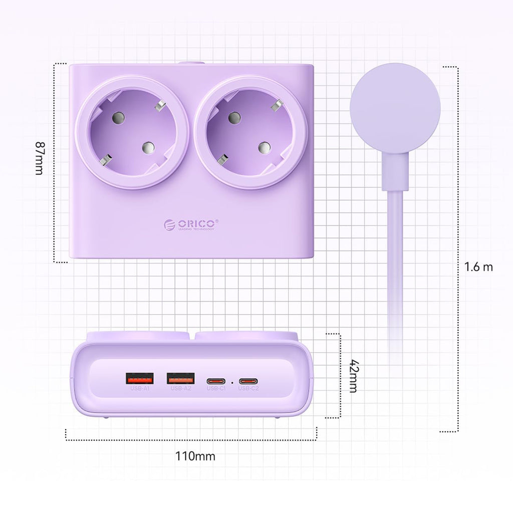 Orico PDC25 25W 6in1 prailgintuvas 2x AC + 2x USB-A + 2x USB-C - violetinis -- Cell phone cables