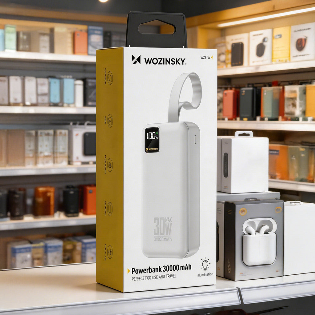 Wozinsky W8-W 30000mAh 30W powerbankas 2x USB-A ir USB-C su žibintu - Baltas -- Powerbanks