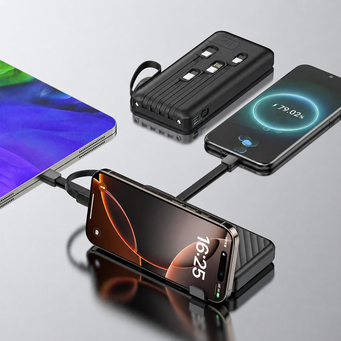 Wozinsky W11-B 10000mAh 10W Powerbank su integruotais kabeliais ir žibintuvėliu - Juoda -- Powerbanks