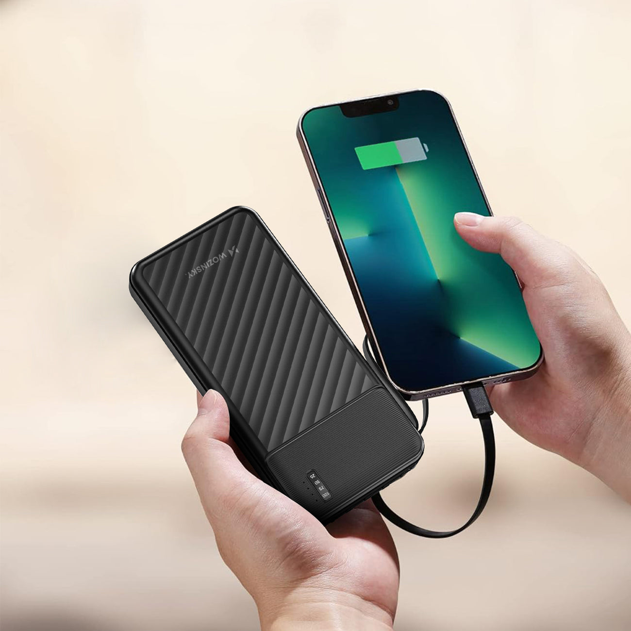 Wozinsky W11-B 10000mAh 10W Powerbank su integruotais kabeliais ir žibintuvėliu - Juoda -- Powerbanks