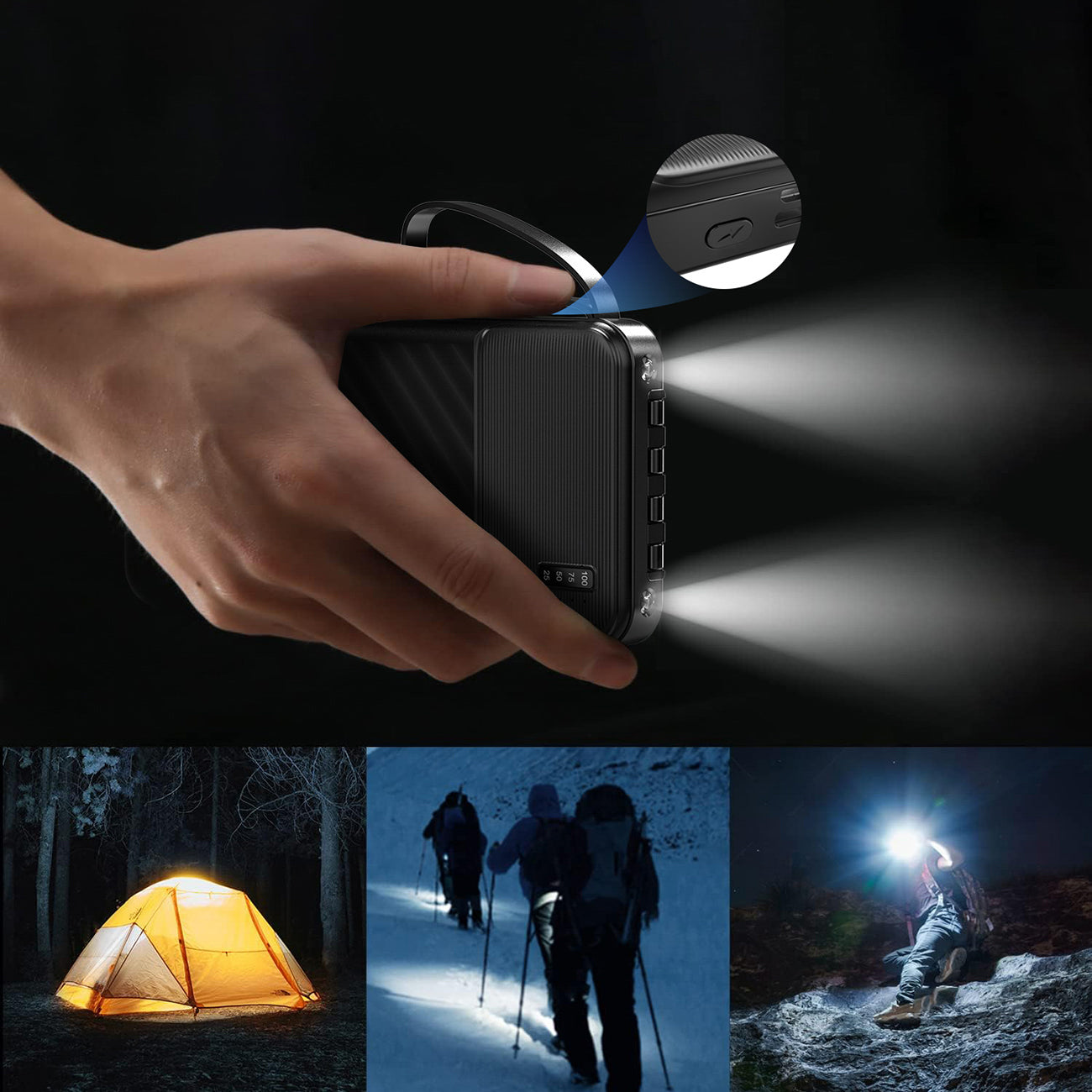 Wozinsky W11-B 10000mAh 10W Powerbank su integruotais kabeliais ir žibintuvėliu - Juoda -- Powerbanks