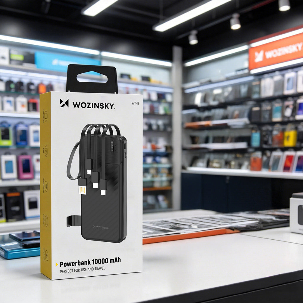 Wozinsky W11-B 10000mAh 10W Powerbank su integruotais kabeliais ir žibintuvėliu - Juoda -- Powerbanks