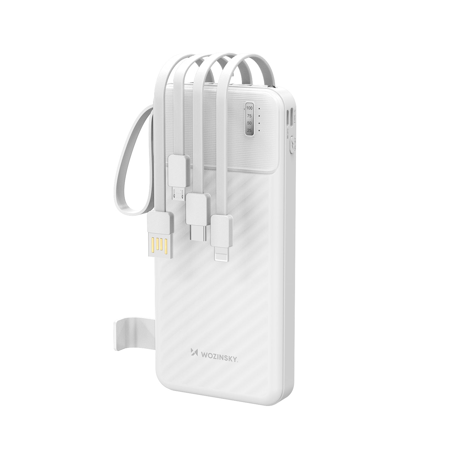 Wozinsky W11-W 10000mAh 10W Powerbank su integruotais kabeliais ir žibintuvėliu - Balta -- Powerbanks