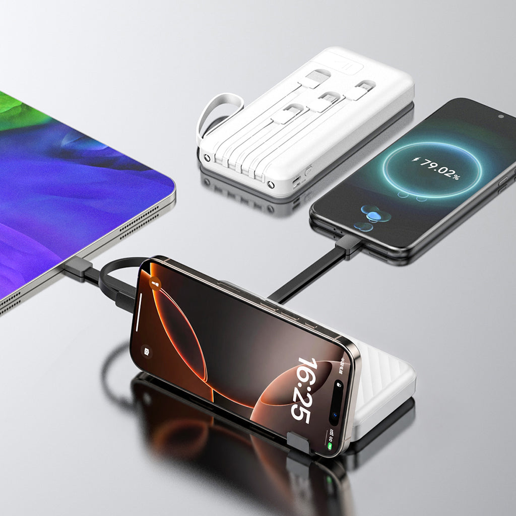 Wozinsky W11-W 10000mAh 10W Powerbank su integruotais kabeliais ir žibintuvėliu - Balta -- Powerbanks