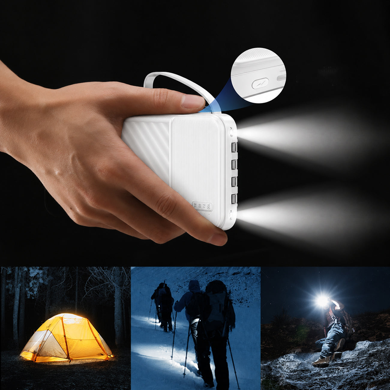Wozinsky W11-W 10000mAh 10W Powerbank su integruotais kabeliais ir žibintuvėliu - Balta -- Powerbanks