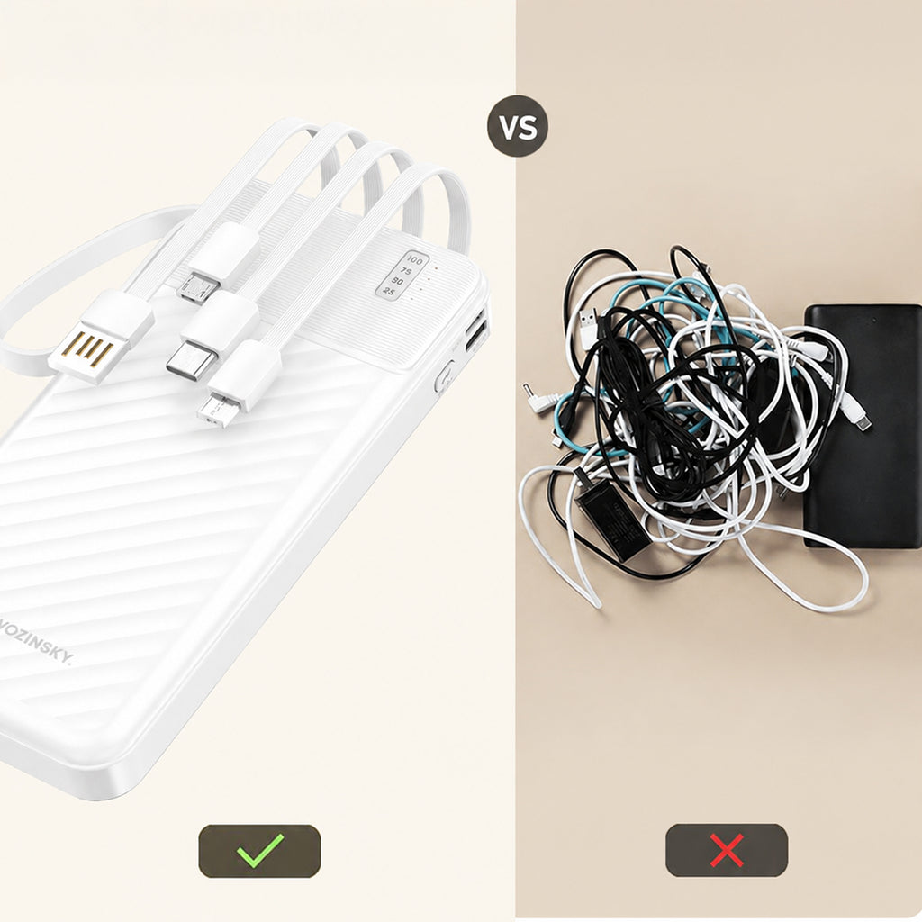 Wozinsky W11-W 10000mAh 10W Powerbank su integruotais kabeliais ir žibintuvėliu - Balta -- Powerbanks