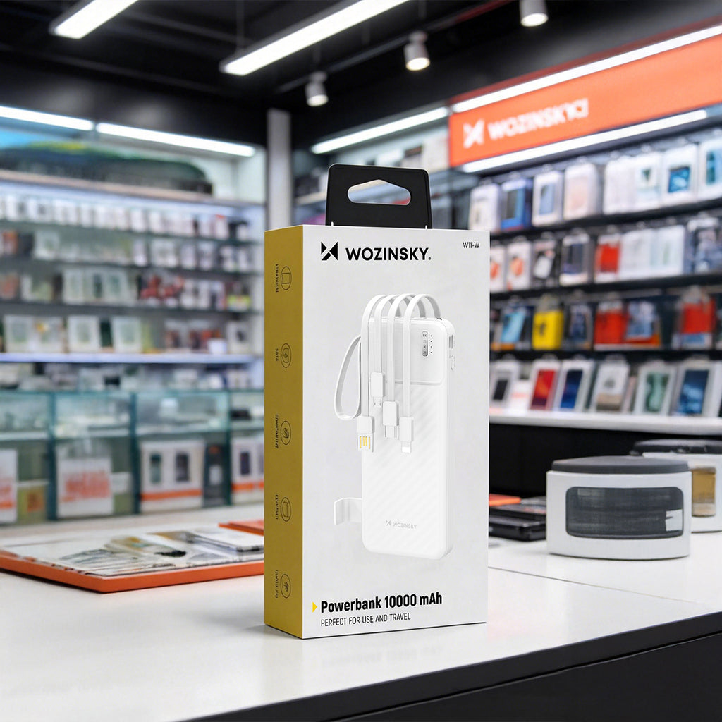 Wozinsky W11-W 10000mAh 10W Powerbank su integruotais kabeliais ir žibintuvėliu - Balta -- Powerbanks