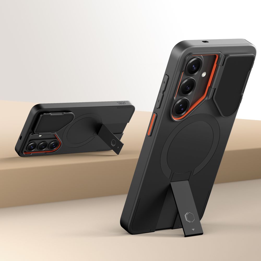 Tech-Protect Kevlar Aura MagSafe Dėklas, skirtas Samsung Galaxy S26 - Black and Orange -- Samsung Galaxy S26
