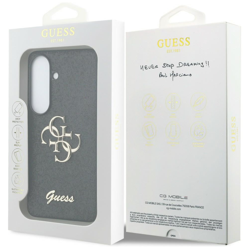 Guess Fixed Glitter Big 4G Metal Logo dėklas Samsung Galaxy S26 - juodas -- Samsung Galaxy S26