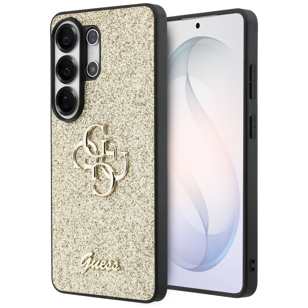 Guess Fiksuotas Glitter Big 4G Metalinis Logo dėklas, skirtas Samsung Galaxy S26 Ultra - gold