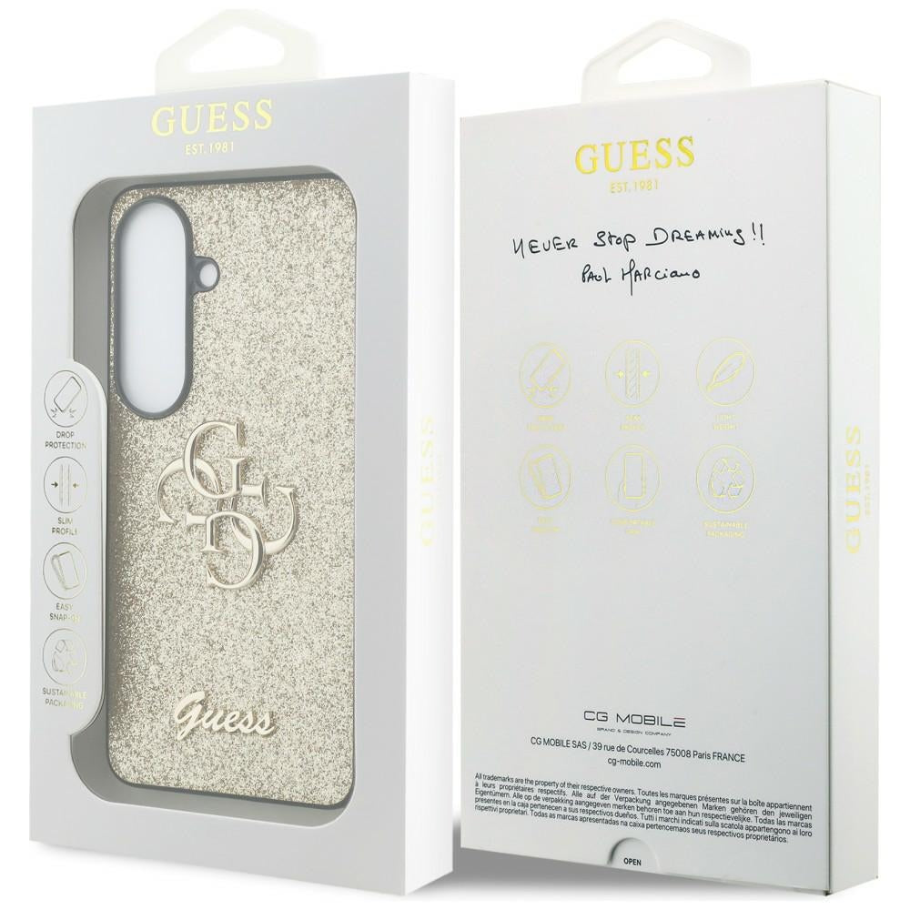 Guess Fiksuotas Glitter Big 4G Metalinis Logo dėklas, skirtas Samsung Galaxy S26 - gold