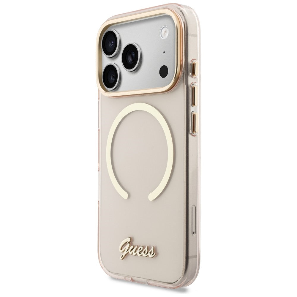 Guess IML Script Metal MagSafe Dėklas, skirtas iPhone 17 Pro Max - Pink