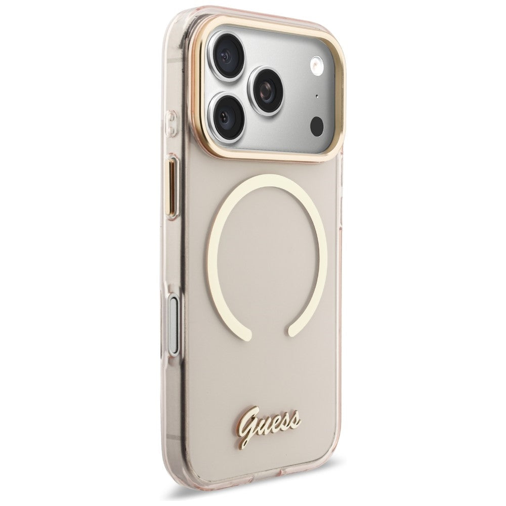 Guess IML Script Metal MagSafe Dėklas, skirtas iPhone 17 Pro Max - Pink