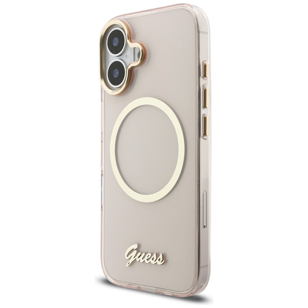 Guess IML Script Metal MagSafe Dėklas, skirtas iPhone 17 - Pink