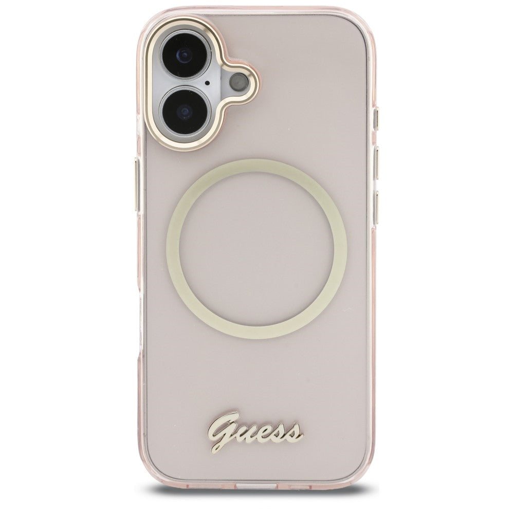 Guess IML Script Metal MagSafe Dėklas, skirtas iPhone 17 - Pink