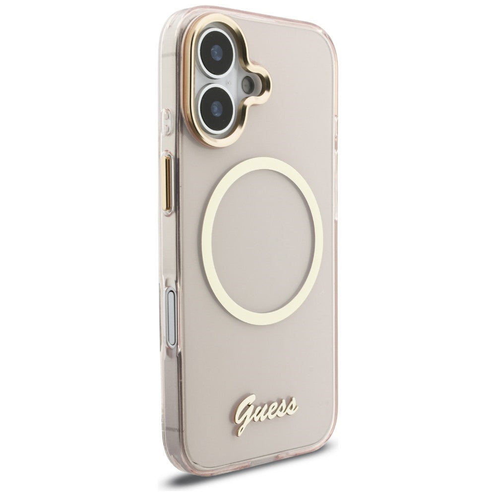 Guess IML Script Metal MagSafe Dėklas, skirtas iPhone 17 - Pink
