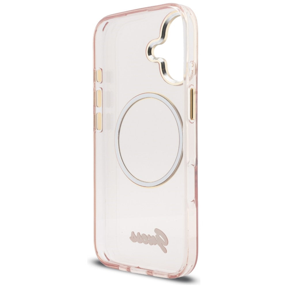 Guess IML Script Metal MagSafe Dėklas, skirtas iPhone 17 - Pink