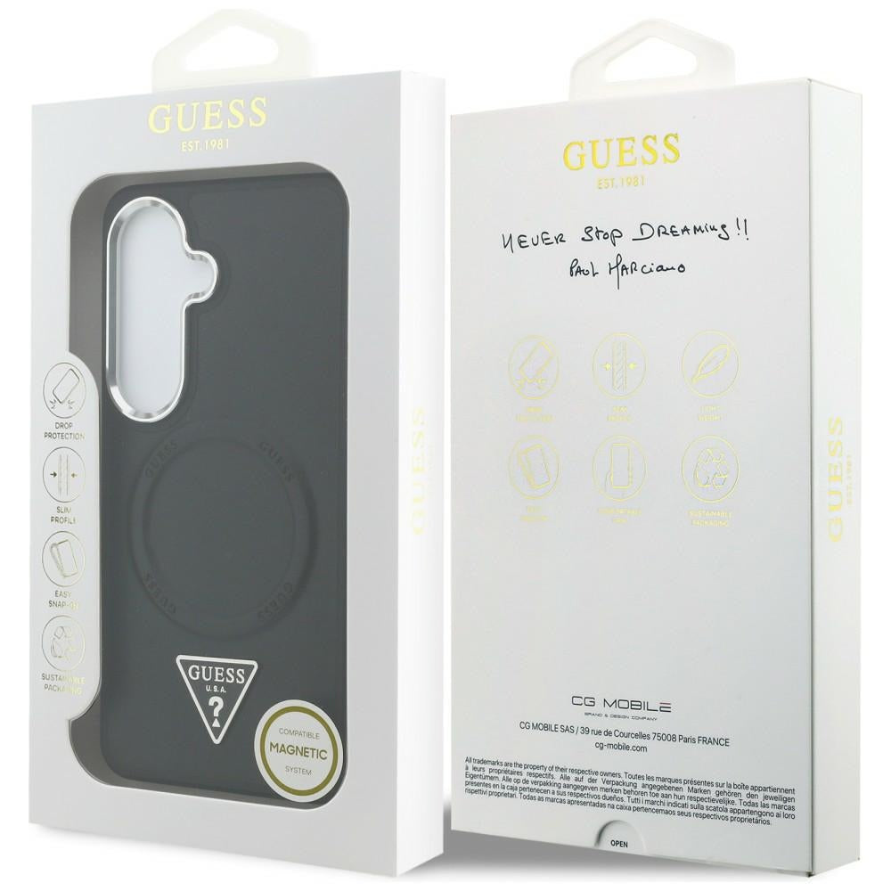 Guess reljefinis žiedinis trikampis logotipas MagSafe dėklas, skirtas Samsung Galaxy S26 - juodas
