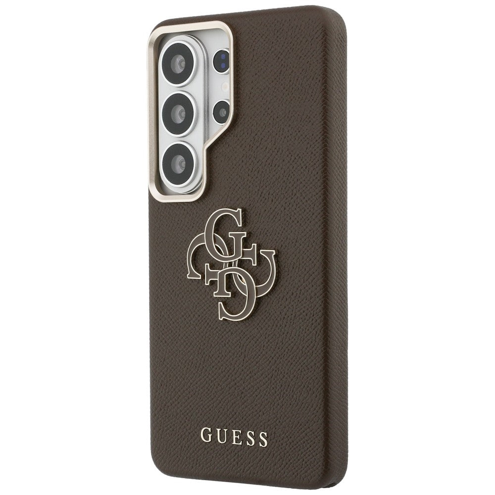 Guess Grained Big 4G Metalinis logotipo dėklas, skirtas Samsung Galaxy S26 Ultra – rudas