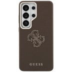Guess Grained Big 4G Metalinis logotipo dėklas, skirtas Samsung Galaxy S26 Ultra – rudas