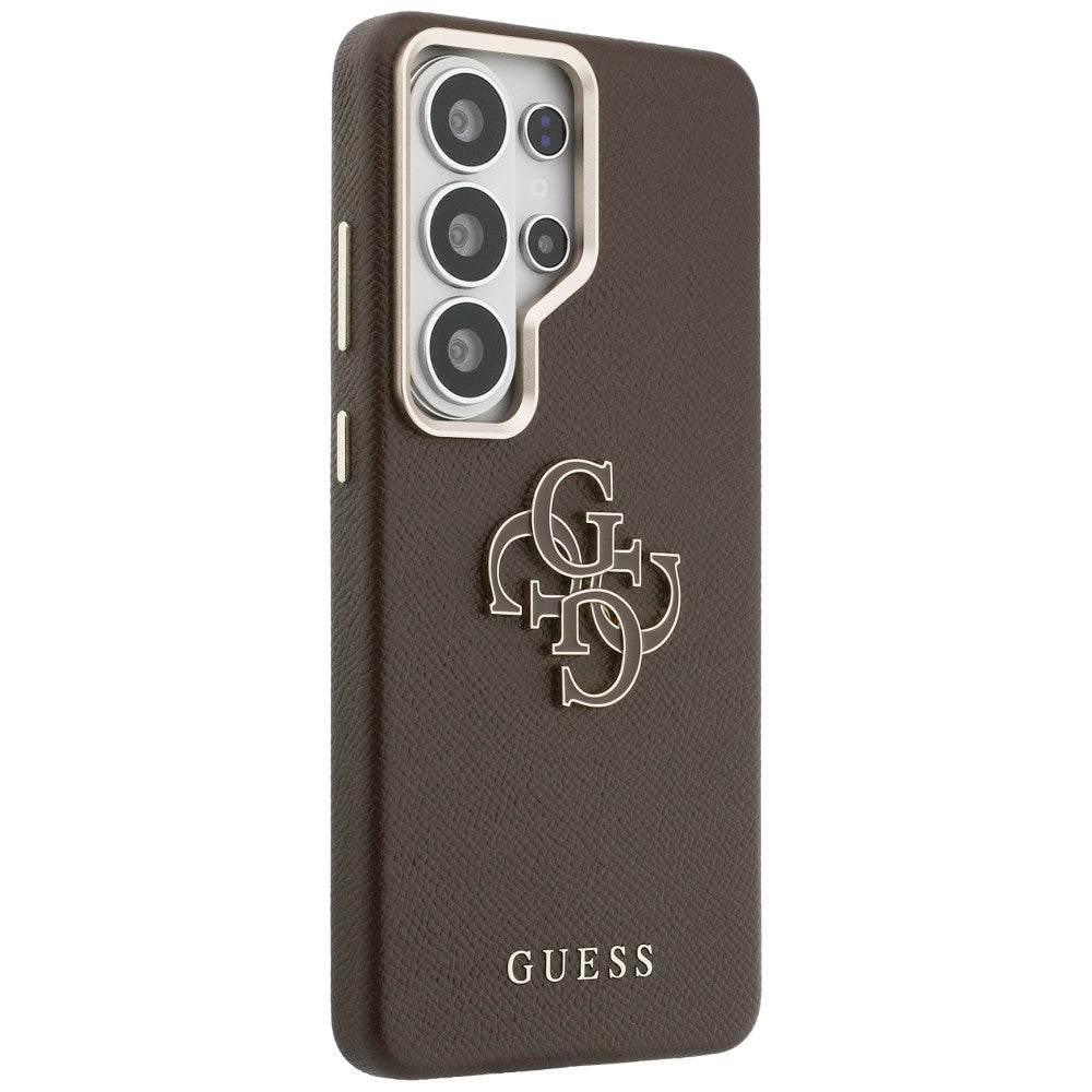 Guess Grained Big 4G Metalinis logotipo dėklas, skirtas Samsung Galaxy S26 Ultra – rudas