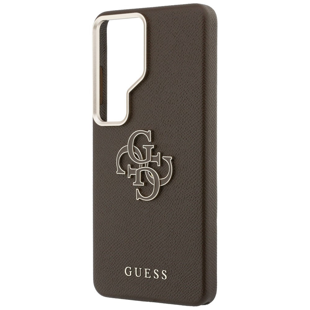 Guess Grained Big 4G Metalinis logotipo dėklas, skirtas Samsung Galaxy S26 Ultra – rudas