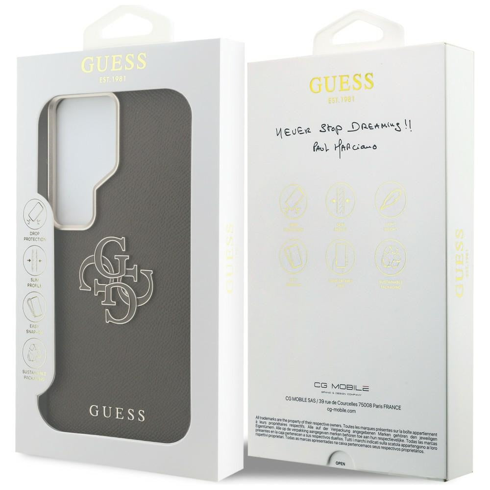 Guess Grained Big 4G Metalinis logotipo dėklas, skirtas Samsung Galaxy S26 Ultra – rudas