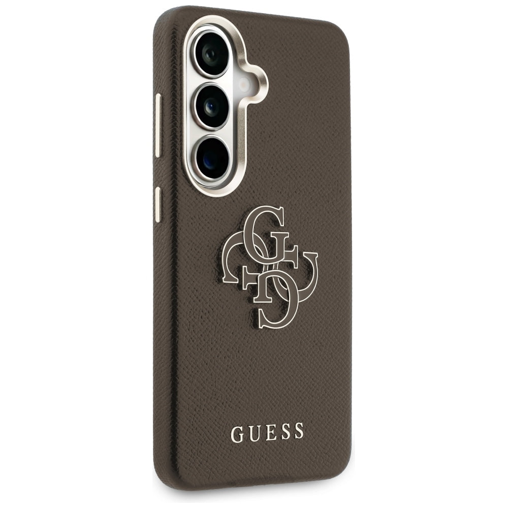 Guess Grained Big 4G Metalinis logotipo dėklas, skirtas Samsung Galaxy S26+ – rudas