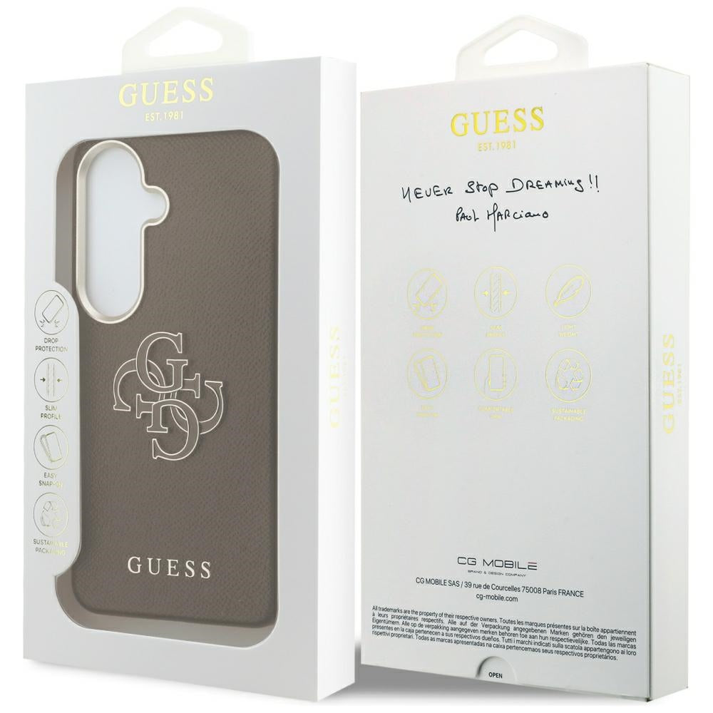 Guess Grained Big 4G Metalinis logotipo dėklas, skirtas Samsung Galaxy S26+ – rudas
