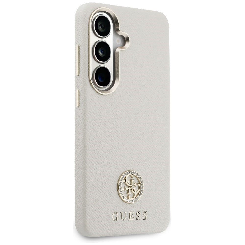 Guess Rhinestone Round Logo MagSafe dėklas, skirtas Samsung Galaxy S26 - smėlio spalvos
