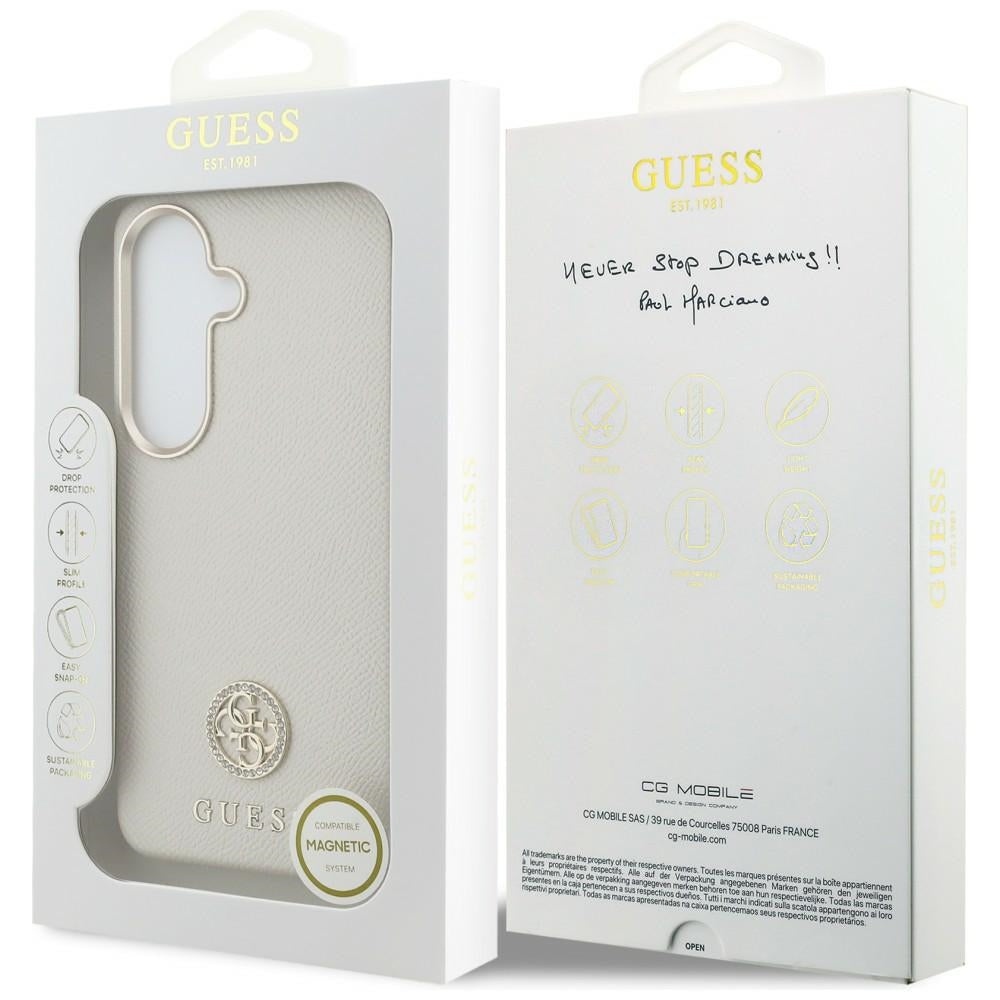 Guess Rhinestone Round Logo MagSafe dėklas, skirtas Samsung Galaxy S26 - smėlio spalvos
